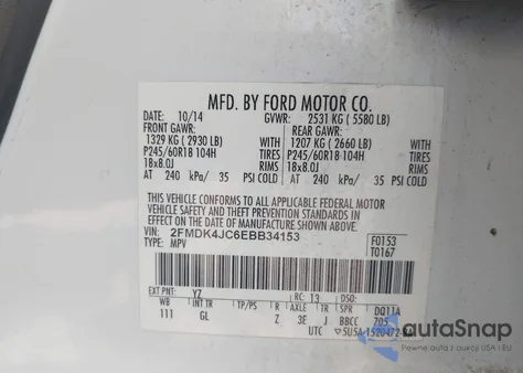 2014 Ford Edge Sel из США, поврежденный, VIN 2FMDK4JC6EBB34153